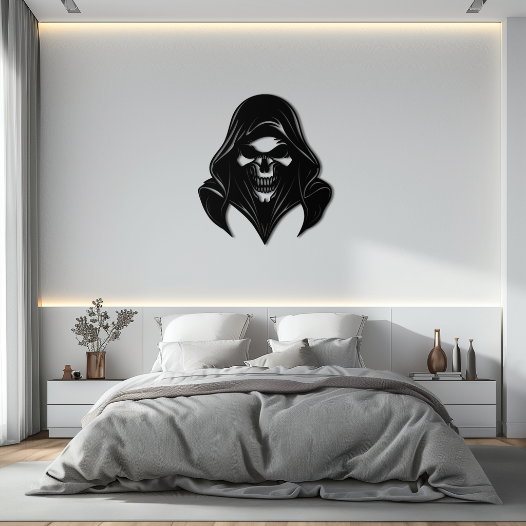 Grim Reaper Hooded Skull Metal Wall Art – Dark Gothic Horror Silhouette Design- KAF637