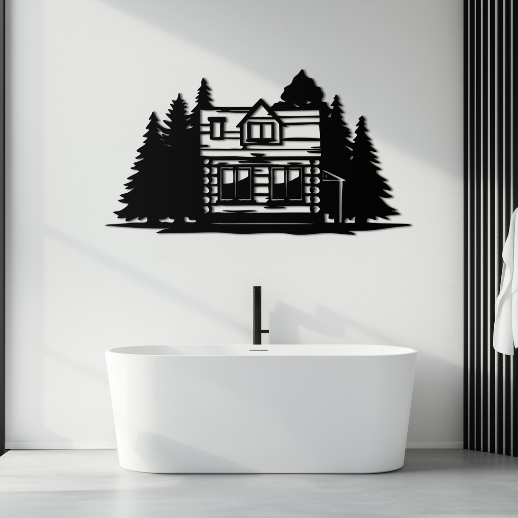 Mountain Log Cabin Metal Wall Art – Nature Inspired Outdoor Wall Decor for Home & Lodge- KAF640