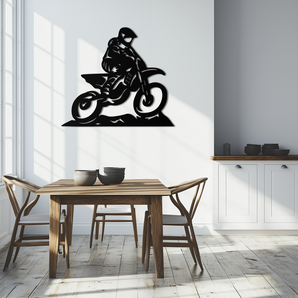 Dynamic Motocross Rider Metal Wall Art – Off-Road Motorcycle Silhouette Decor - KAF645