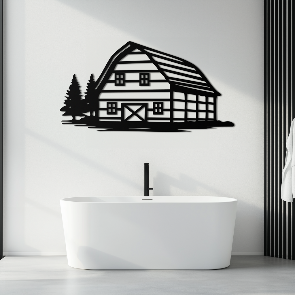 Rustic Barn and Pine Trees Metal Wall Art – Country House Landscape Silhouette Decor- KAF681