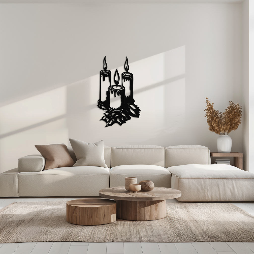 Three Candle Silhouette Metal Wall Art – Elegant Festive Decor for Cozy Interiors- KAF687