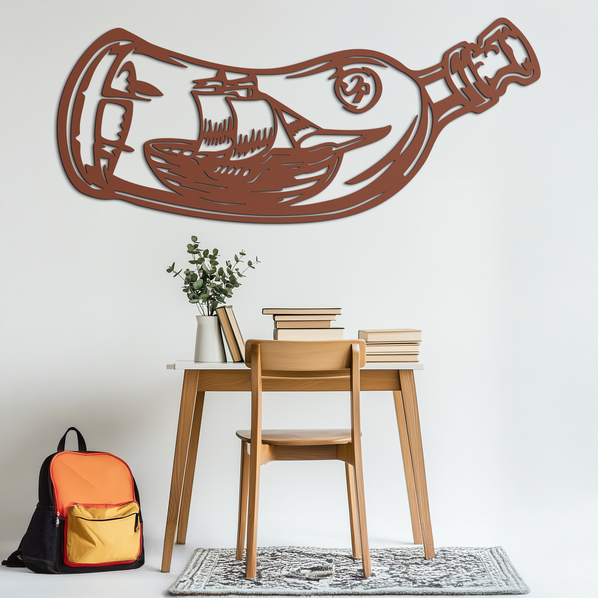 Ship in a Bottle Metal Wall Art – Nautical Silhouette Design for Sea Lovers- KAF691