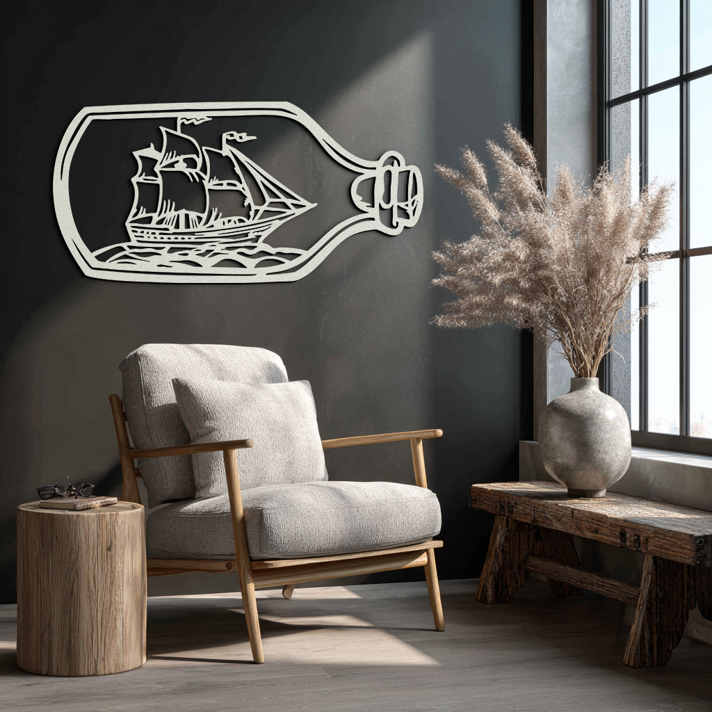 Sailboat in a Bottle Metal Wall Art – Nautical-Inspired Silhouette for Ocean Dreamers- KAF692