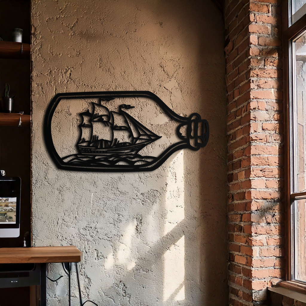 Sailboat in a Bottle Metal Wall Art – Nautical-Inspired Silhouette for Ocean Dreamers- KAF692
