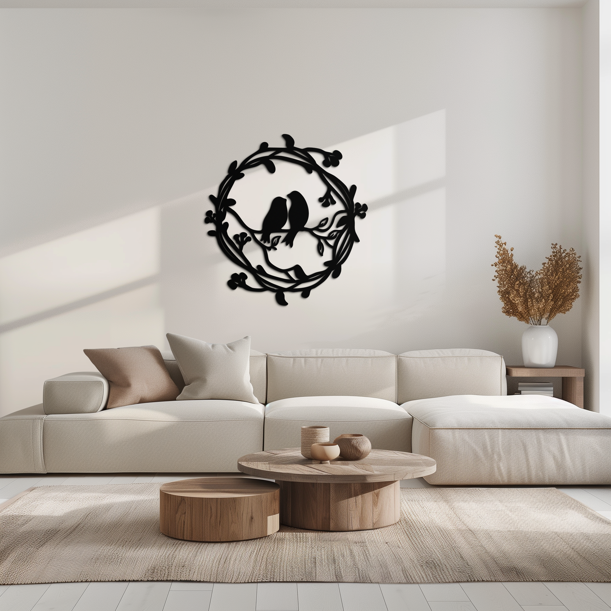 Two Birds on Wreath Branch Metal Wall Art – Romantic Nature-Inspired Round Design- KAF702