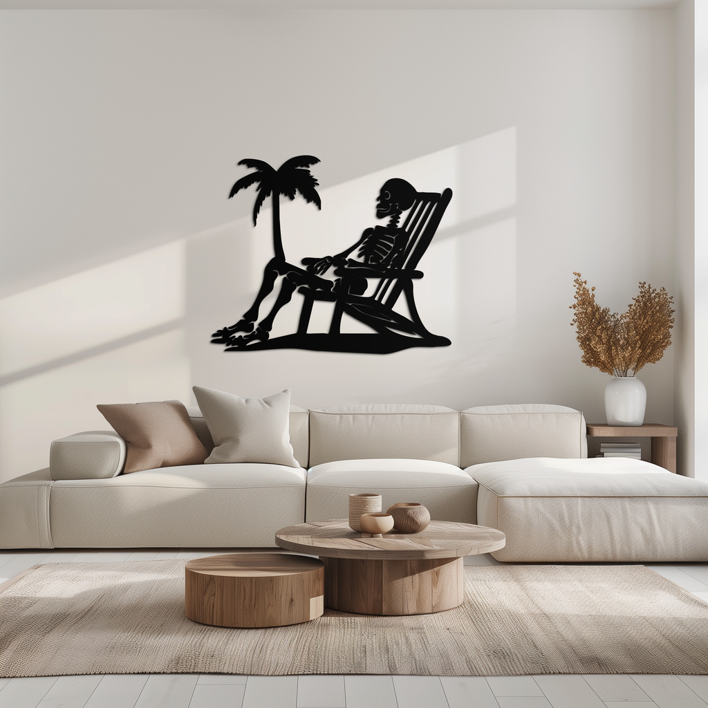 Sunbathing Skeleton Metal Wall Art – Tropical Palm Tree Beach Decor- KAF706