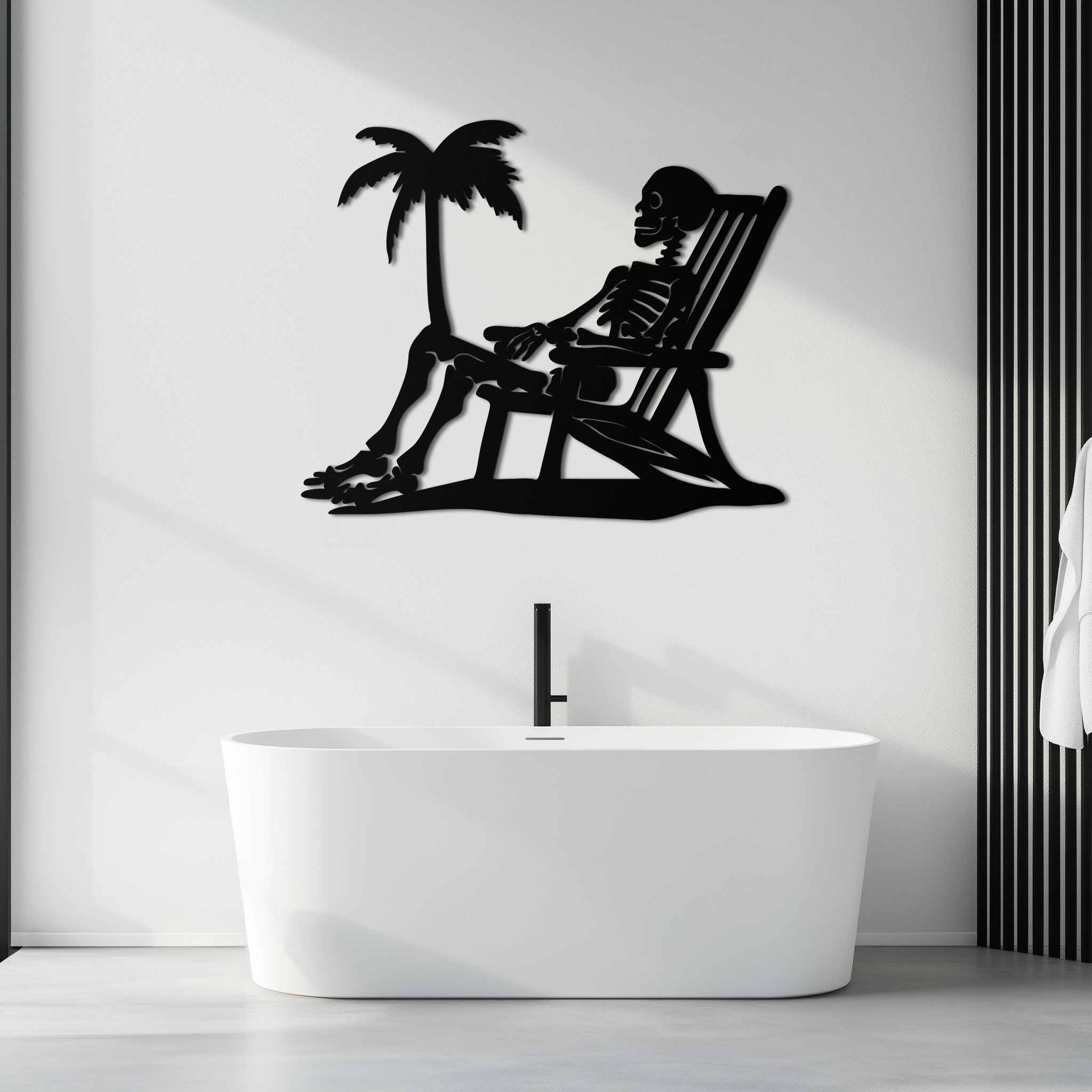 Sunbathing Skeleton Metal Wall Art – Tropical Palm Tree Beach Decor- KAF706