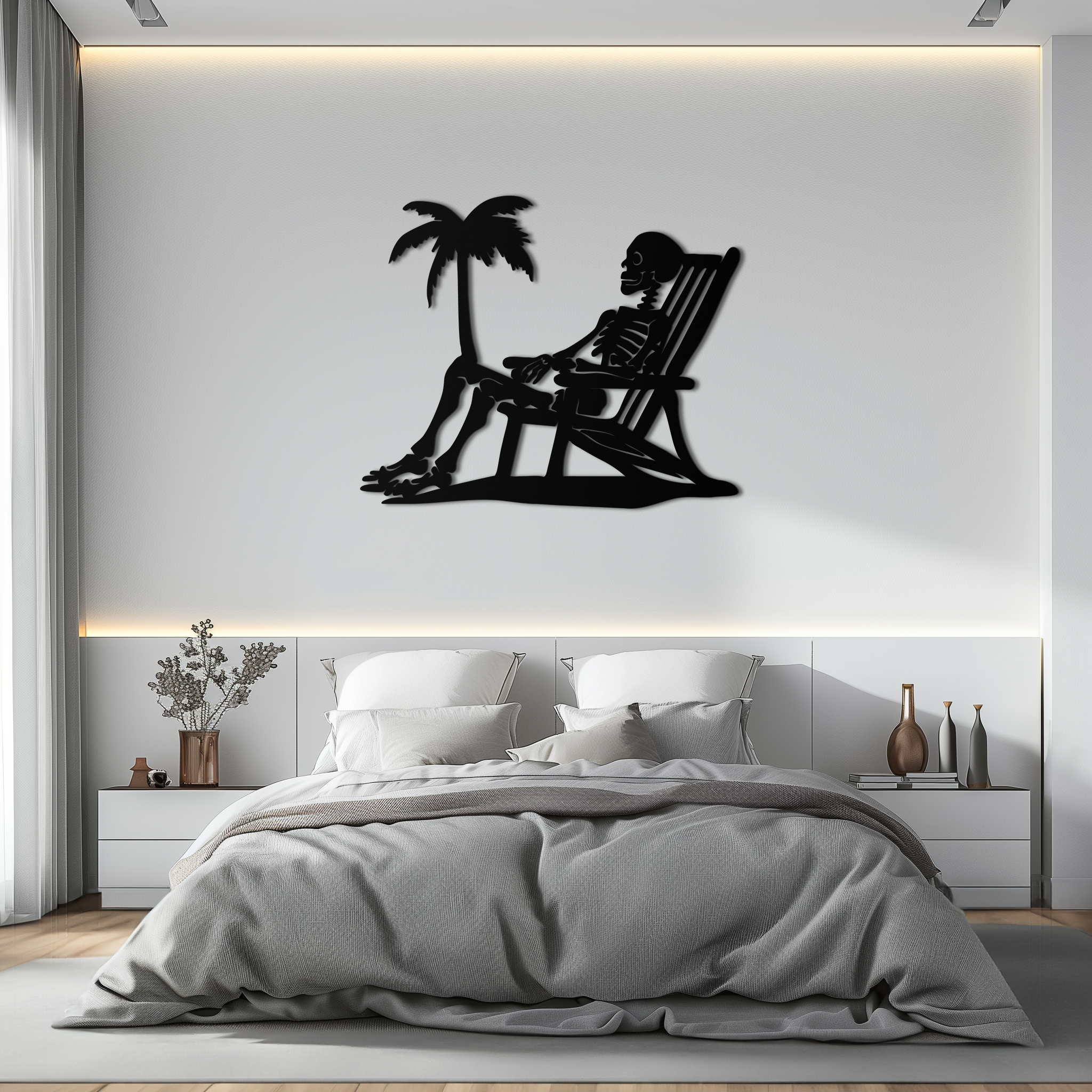 Sunbathing Skeleton Metal Wall Art – Tropical Palm Tree Beach Decor- KAF706