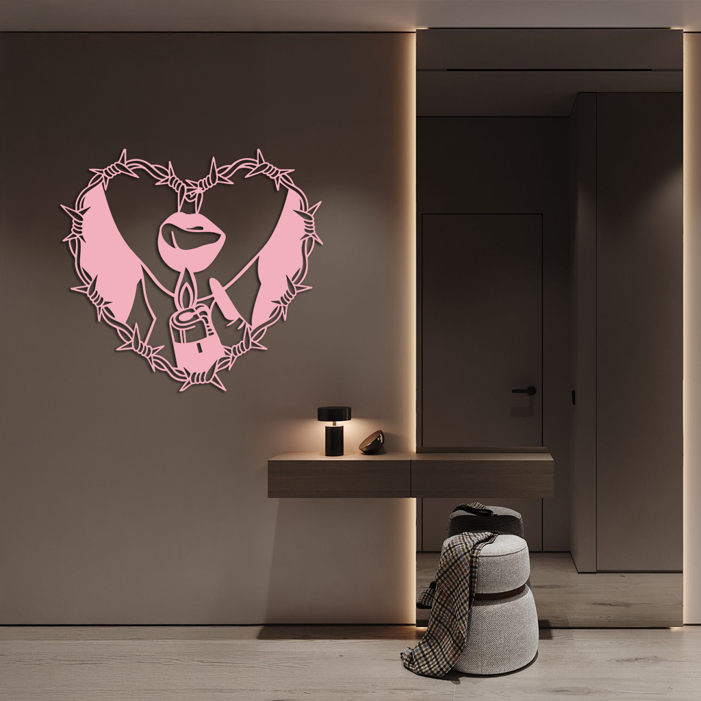 Heart Flame Metal Wall Art – Lips and Lighter Design with Barbed Wire Heart - KAFGP133