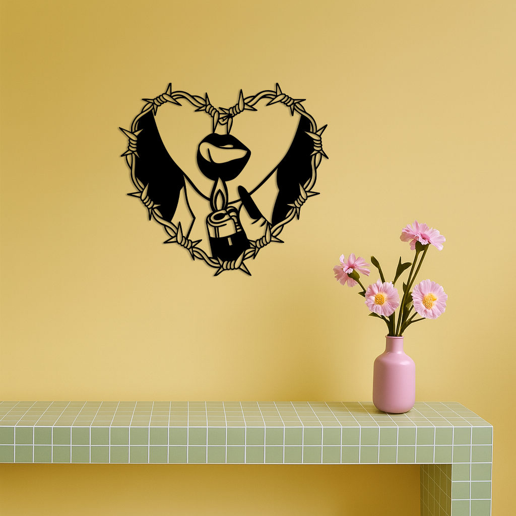 Heart Flame Metal Wall Art – Lips and Lighter Design with Barbed Wire Heart - KAFGP133
