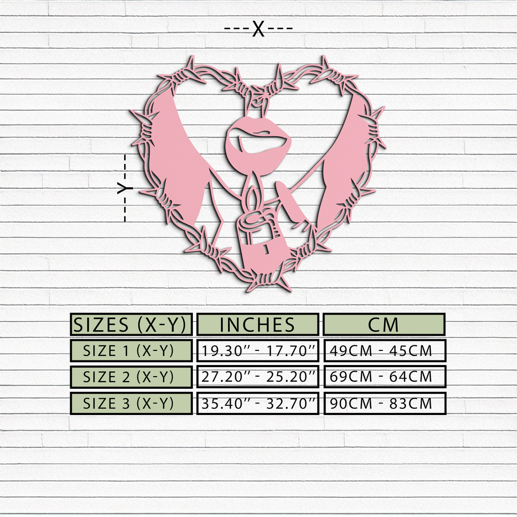 Heart Flame Metal Wall Art – Lips and Lighter Design with Barbed Wire Heart - KAFGP133