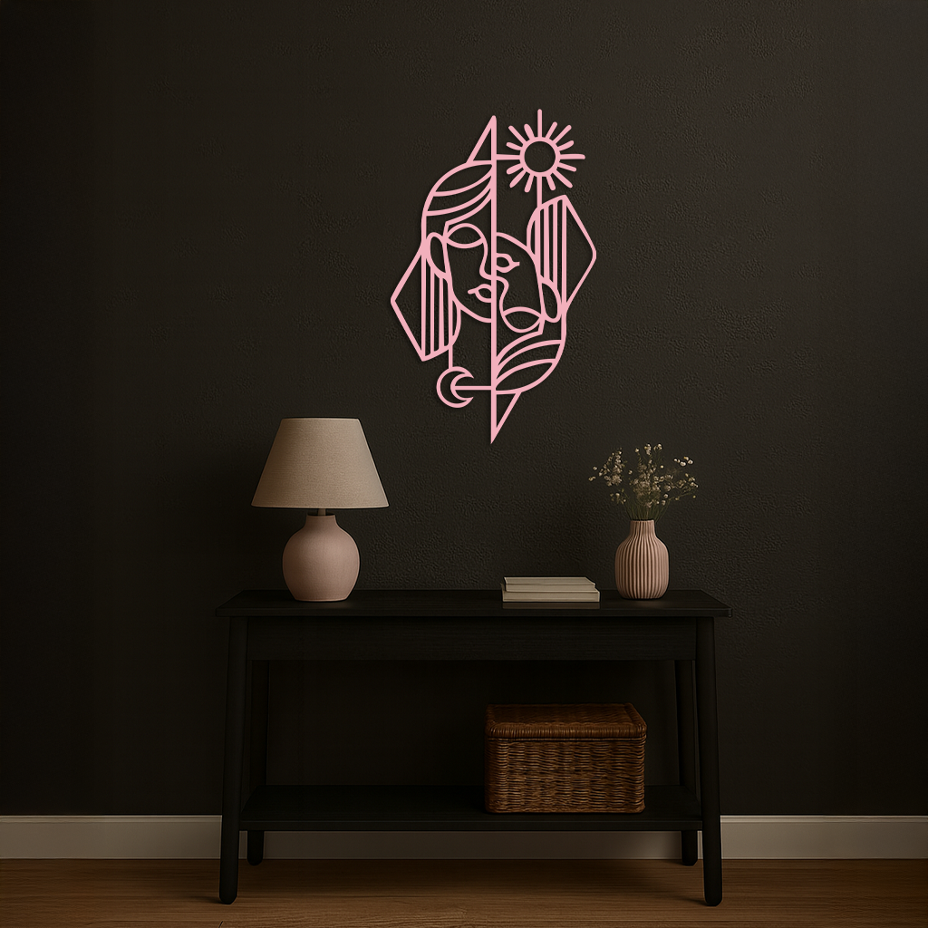 Abstract Face Metal Wall Art – Sun and Moon Geometric Line Design - KAFGP135