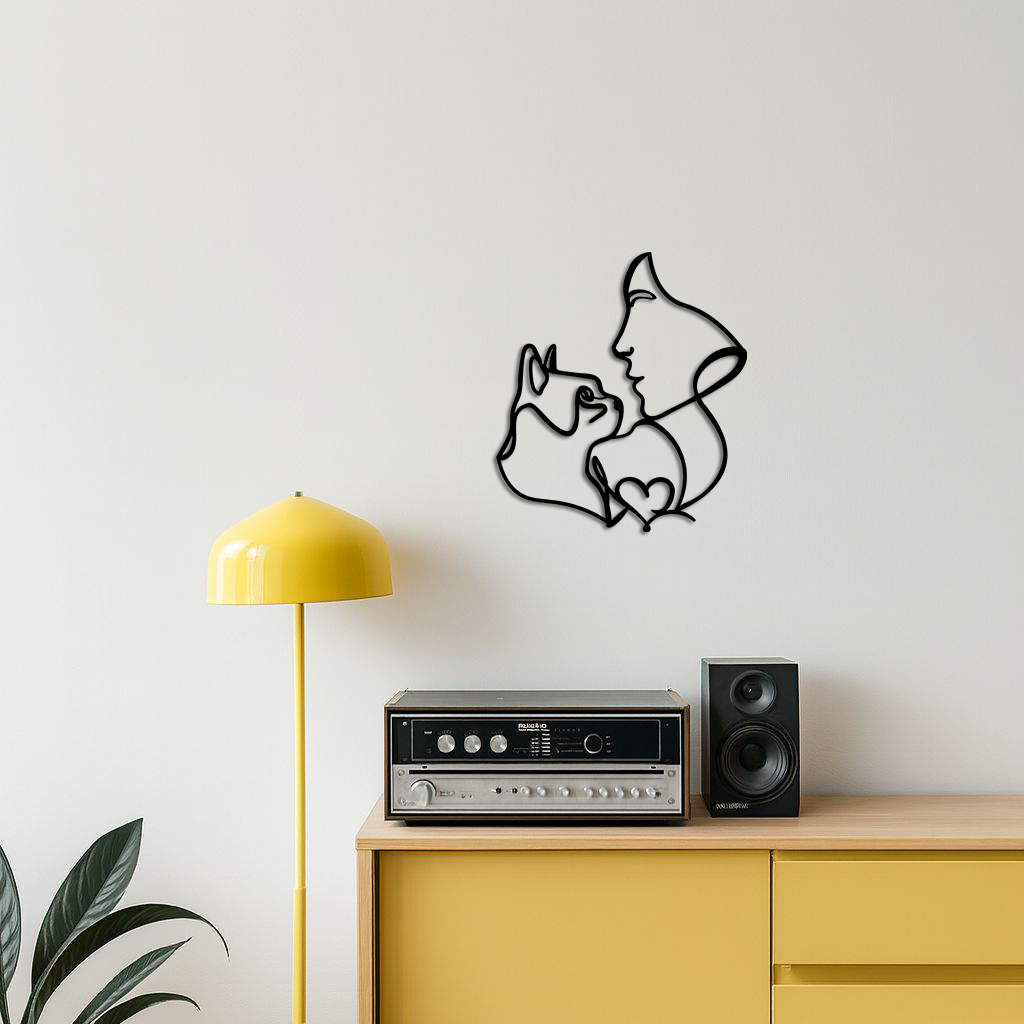 Cat and Woman Silhouette Metal Wall Art – Modern Pet Lover Line Art Decor - KAFGP146