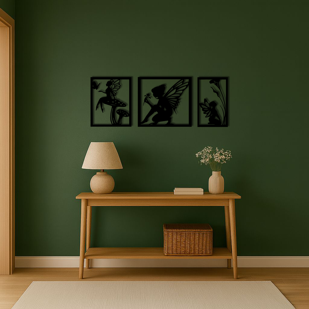 Pink Fairy Trio Metal Wall Art – Set of Three Fantasy Silhouette Panels - KAFGP156