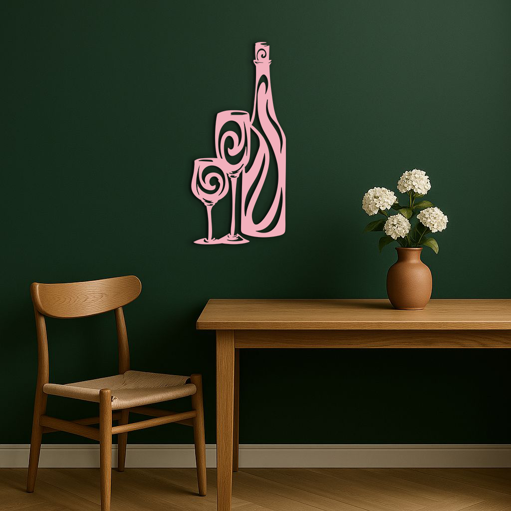 Wine Bottle and Glasses Silhouette Modern Kitchen Décor - Pink Metal Wall Art - KAFGP160