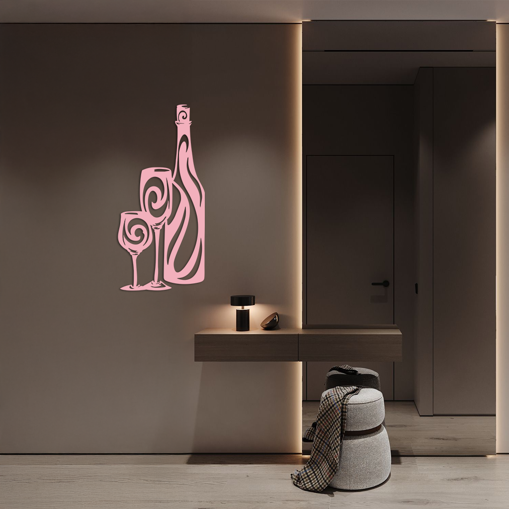 Wine Bottle and Glasses Silhouette Modern Kitchen Décor - Pink Metal Wall Art - KAFGP160