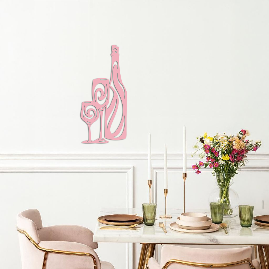 Wine Bottle and Glasses Silhouette Modern Kitchen Décor - Pink Metal Wall Art - KAFGP160