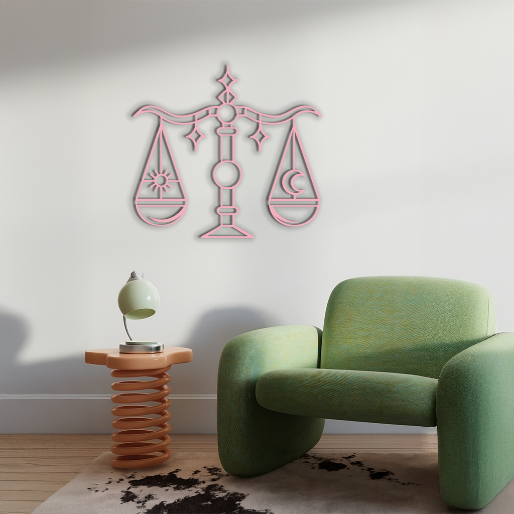 Libra Zodiac Sign Silhouette – Pink Metal Wall Art Balance Scale Design - KAFGP161