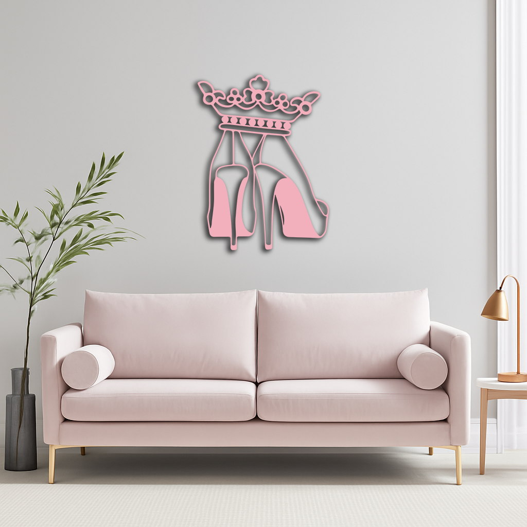Crown High Heels Silhouette – Pink Metal Wall Art for Modern Glam Décor - KAFGP182
