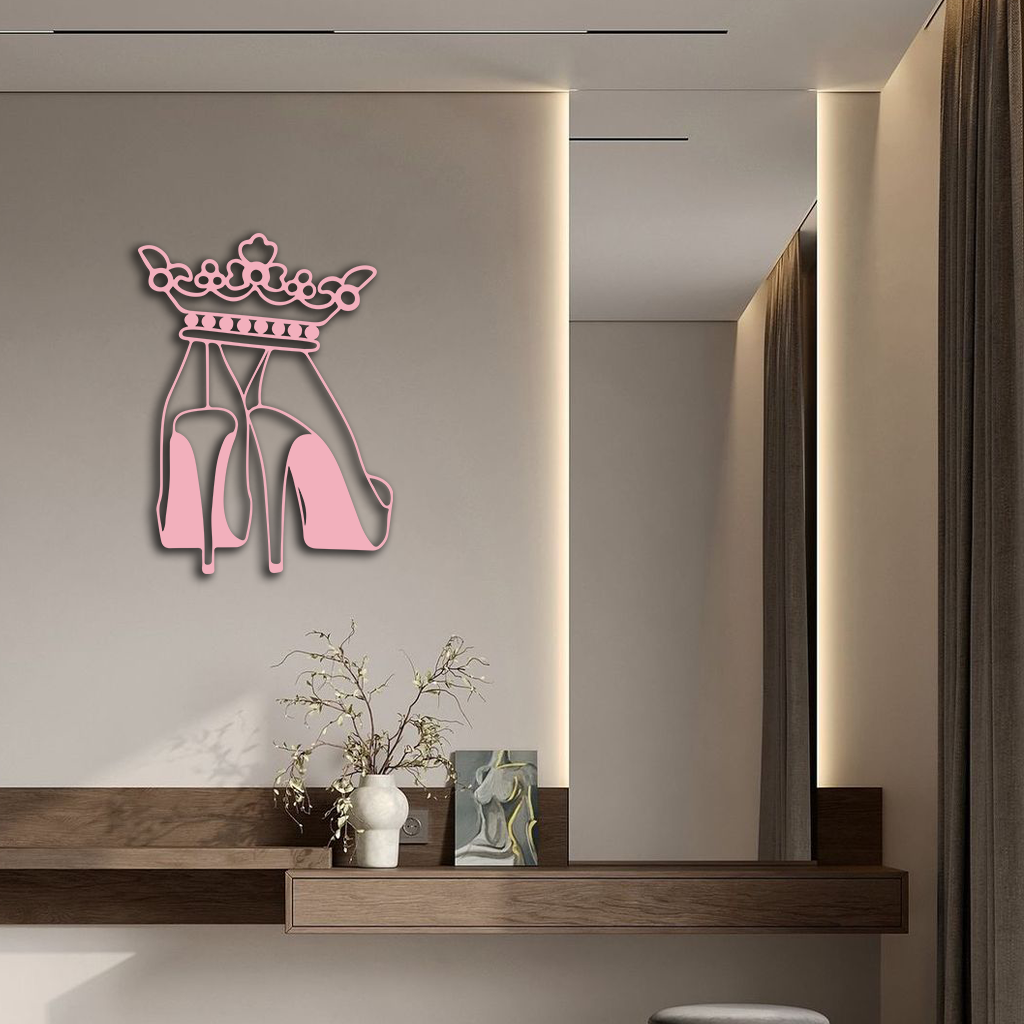 Crown High Heels Silhouette – Pink Metal Wall Art for Modern Glam Décor - KAFGP182