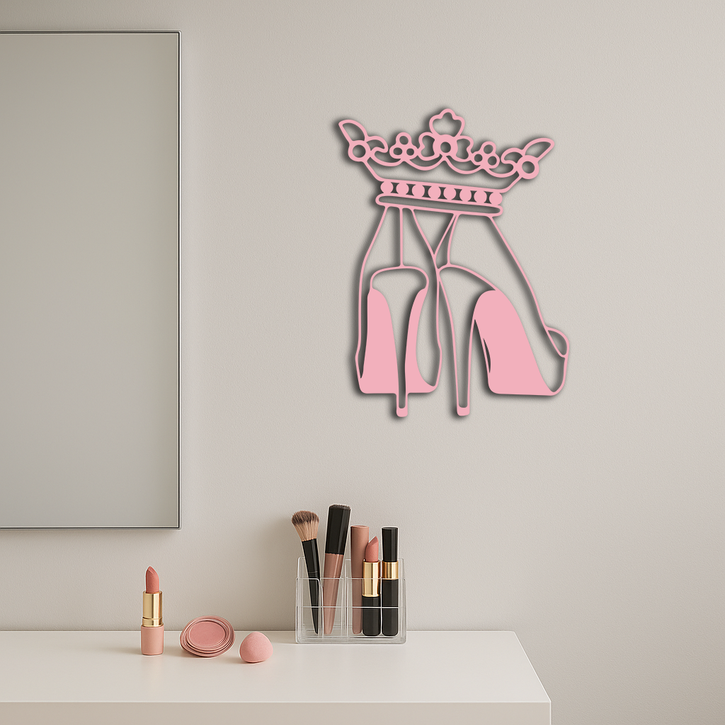 Crown High Heels Silhouette – Pink Metal Wall Art for Modern Glam Décor - KAFGP182