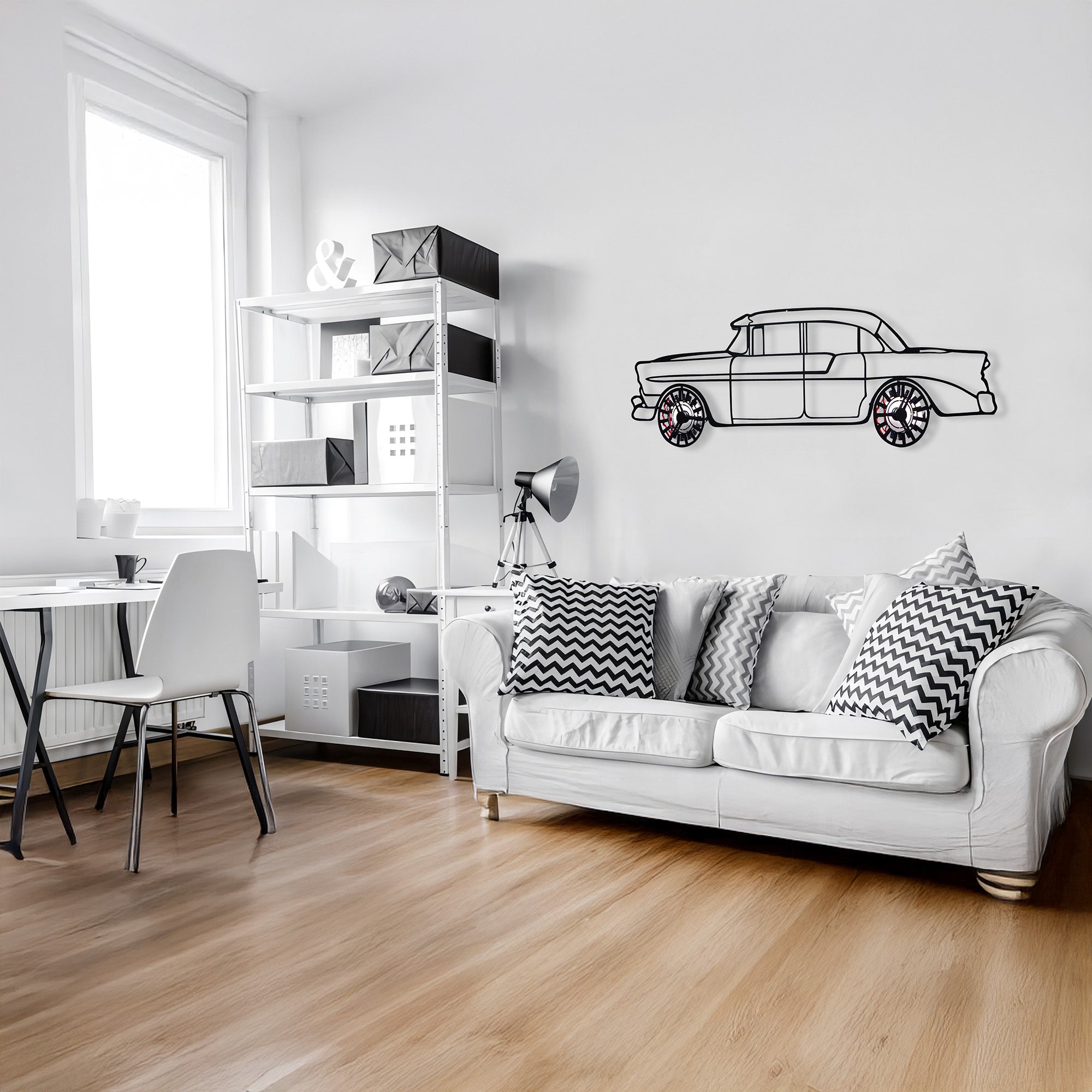 1956 Chevrolet Bel Air Wall Art – Classic Steel Silhouette with Spinning Wheels-KAFMEKA020