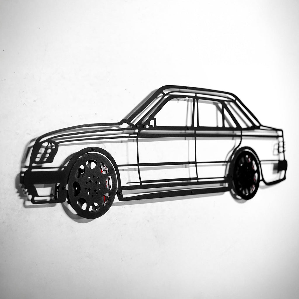 Mercedes W124 Wall Art – Classic Steel Silhouette with Spinning Wheels-KAFMEKA035