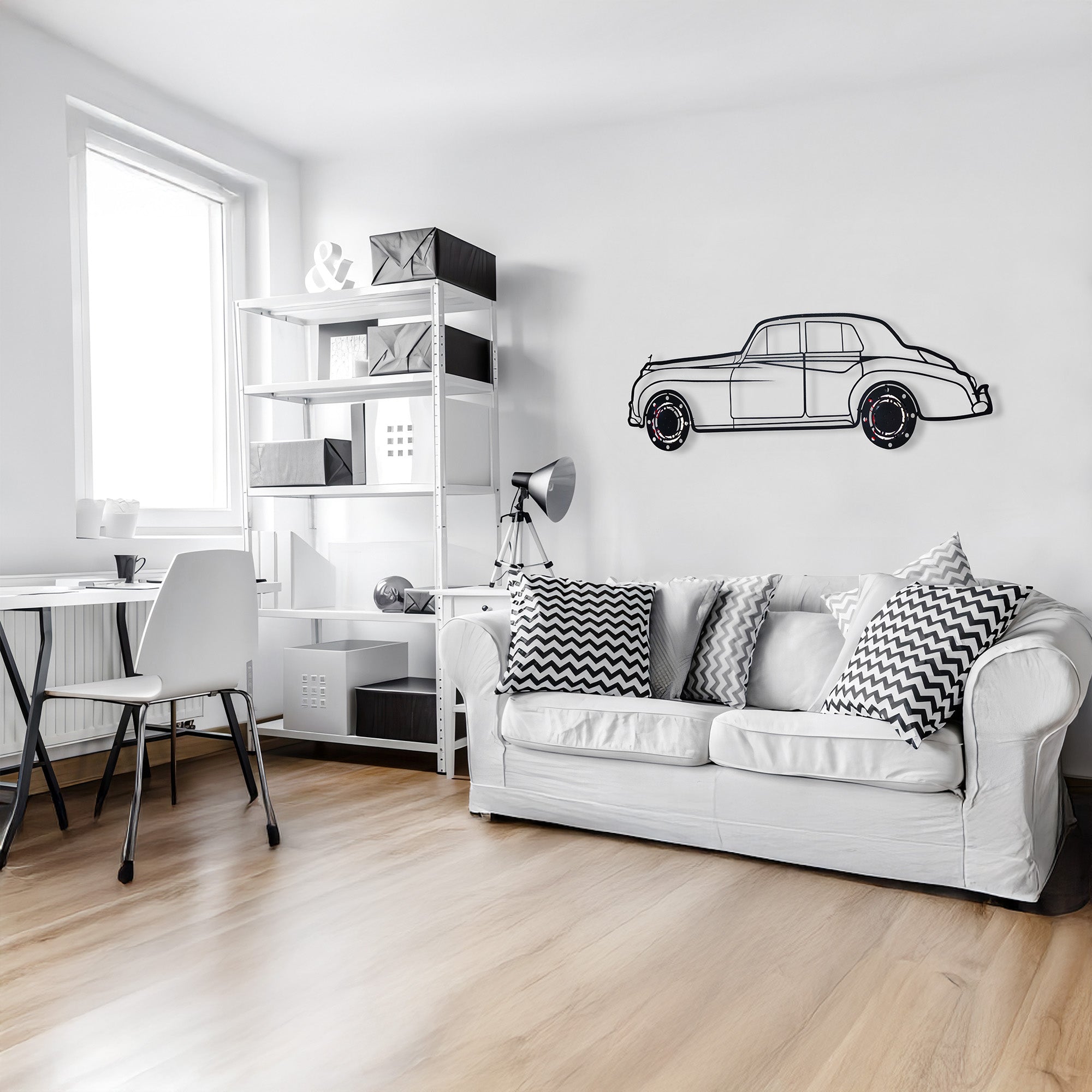 Rolls-Royce Silver Wall Art – Classic Luxury Steel Silhouette with Spinning Wheels-KAFMEKA040