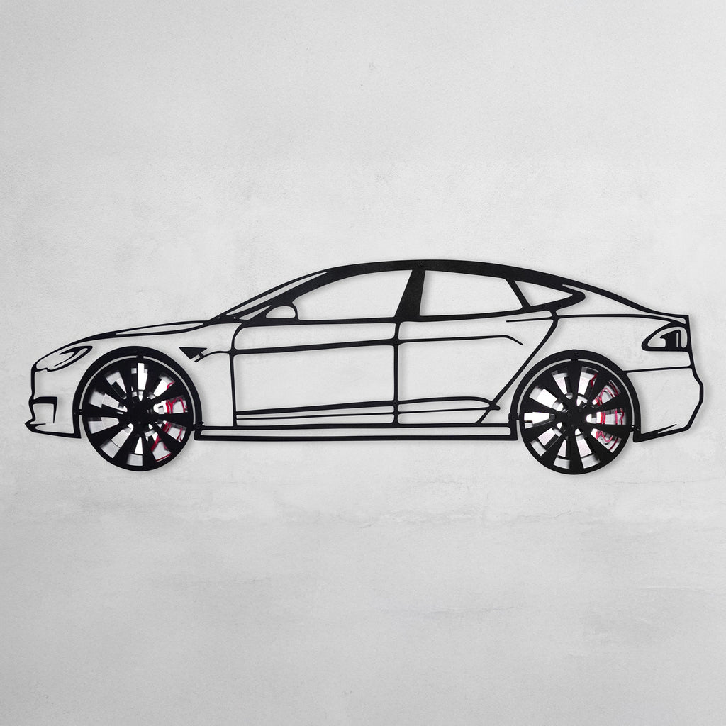 Tesla Model S Wall Art – Electric Car Steel Silhouette with Spinning Wheels-KAFMEKA045
