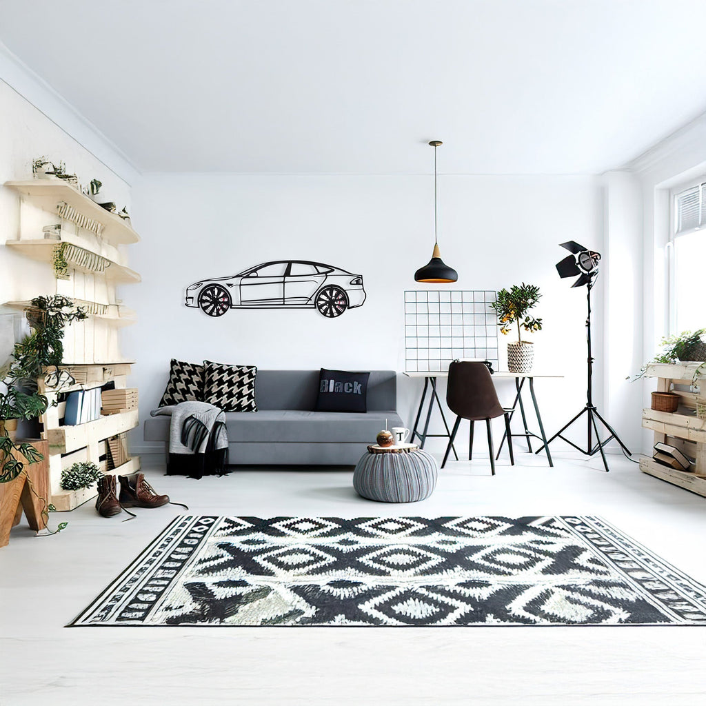 Tesla Model S Wall Art – Electric Car Steel Silhouette with Spinning Wheels-KAFMEKA045