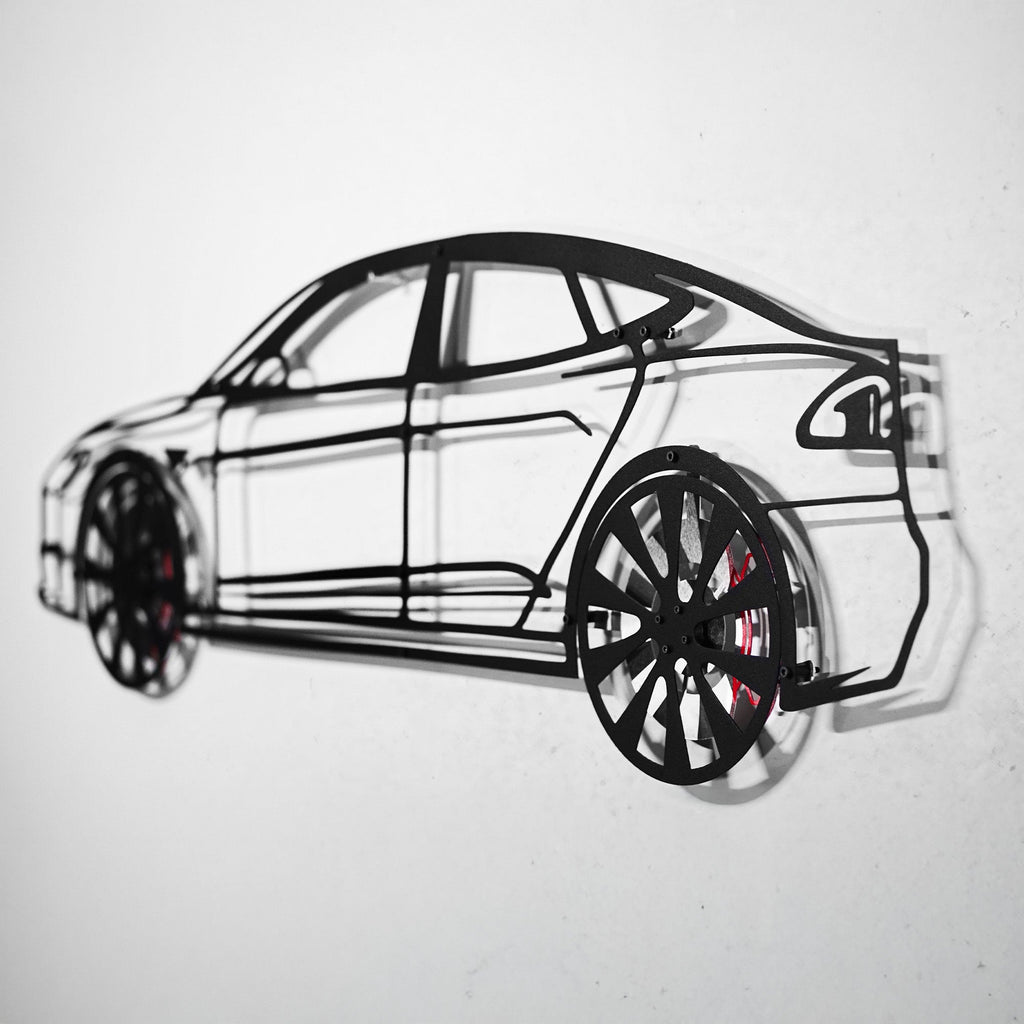 Tesla Model S Wall Art – Electric Car Steel Silhouette with Spinning Wheels-KAFMEKA045