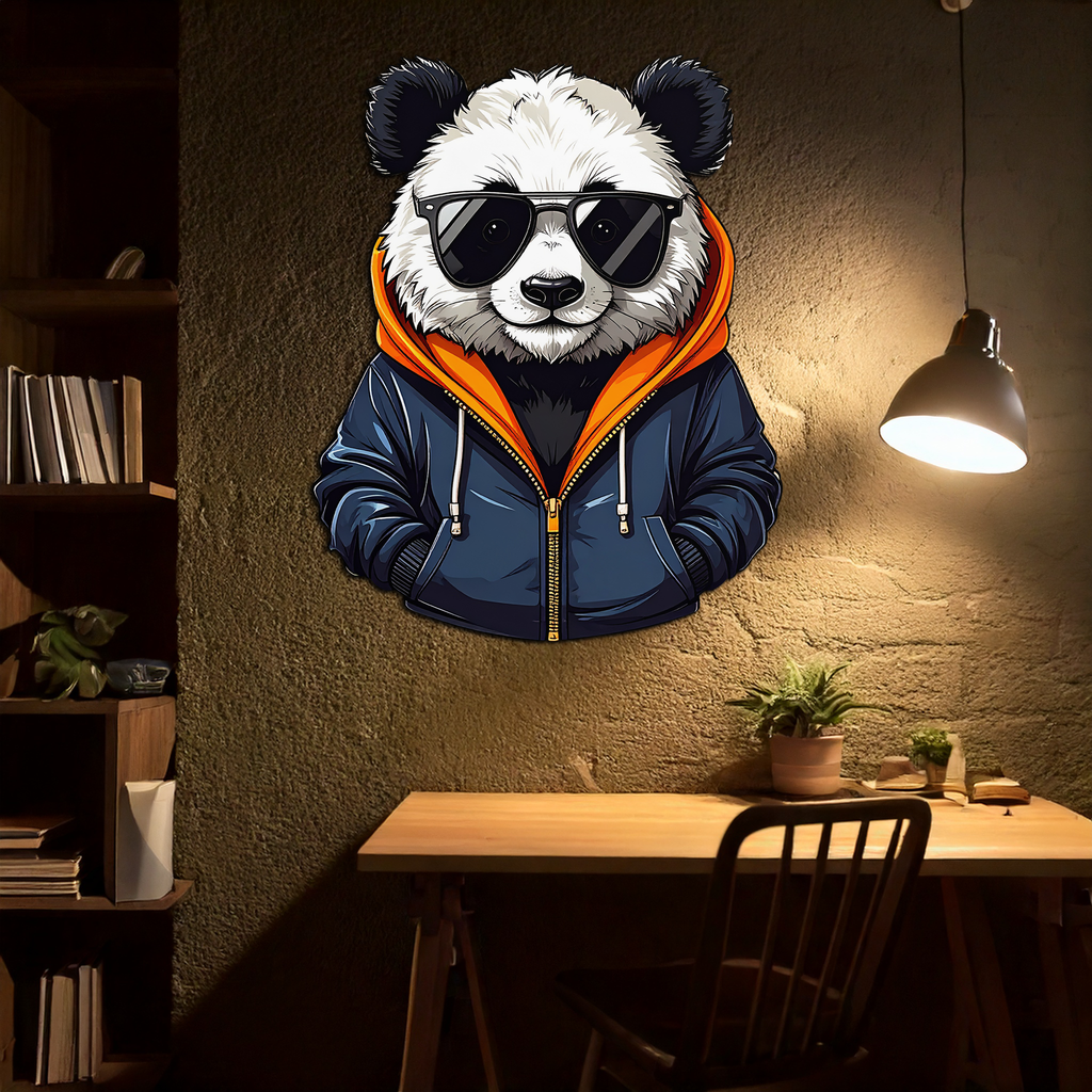 Cool Panda with Hoodie Metal Wall Art – Urban Animal UV Print Decor-KAFUVM001