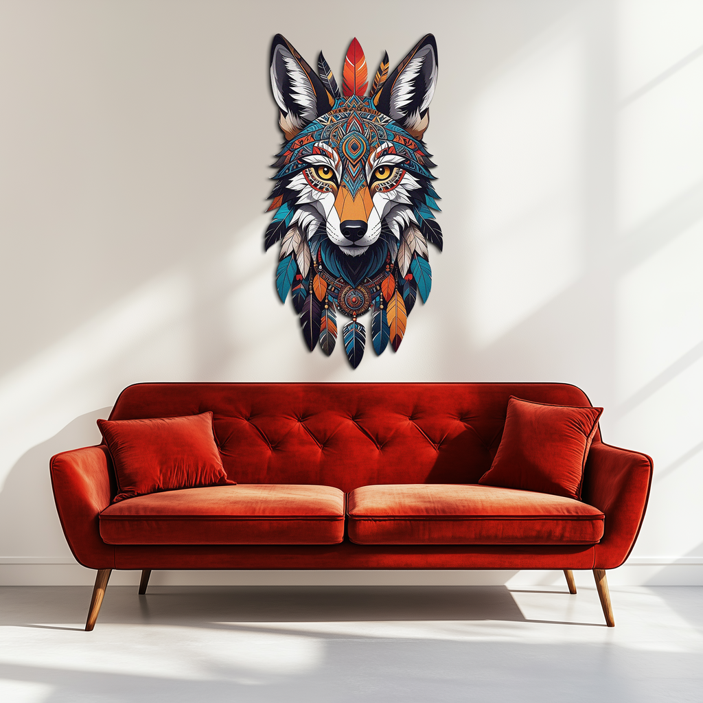 Colorful Tribal Wolf Metal Wall Art – Spirit Animal UV Decor-KAFUVM002