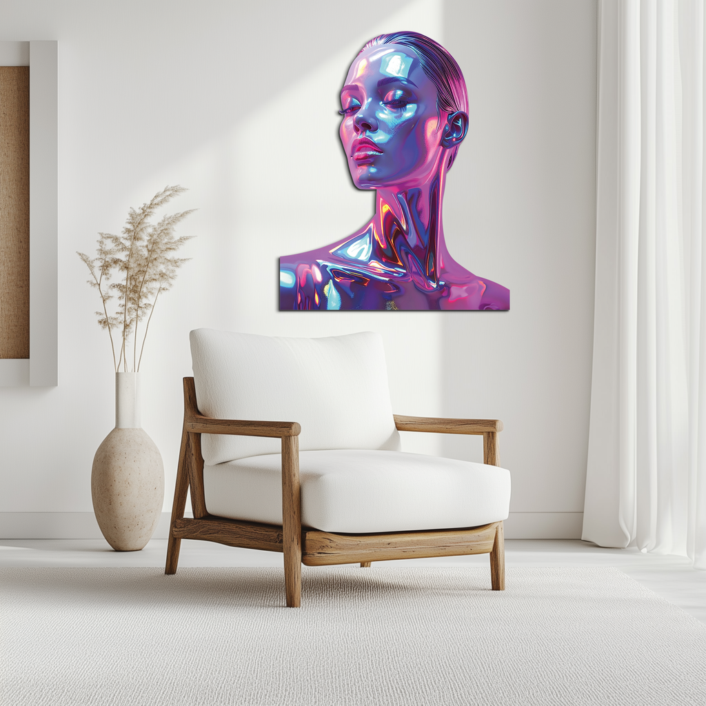 Holographic Woman Portrait Metal Wall Art – Futuristic UV Decor-KAFUVM009