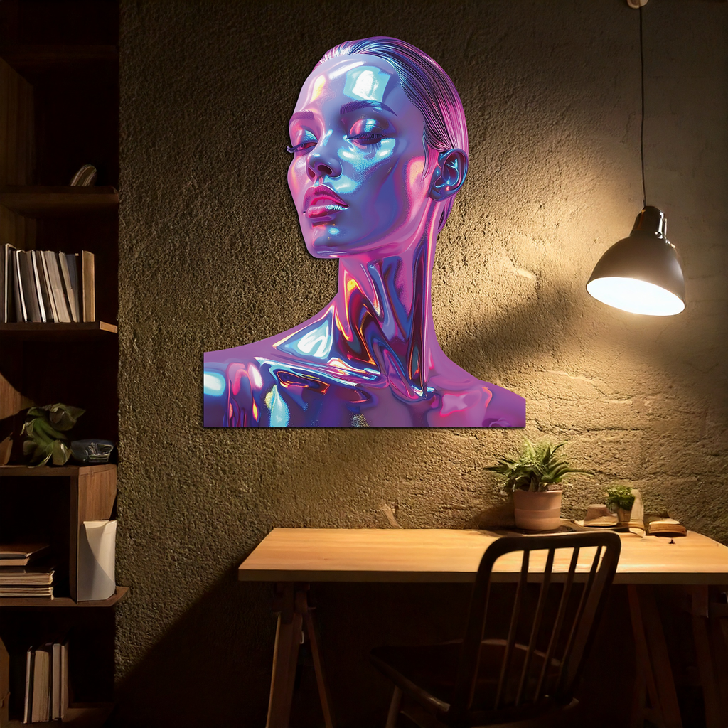 Holographic Woman Portrait Metal Wall Art – Futuristic UV Decor-KAFUVM009