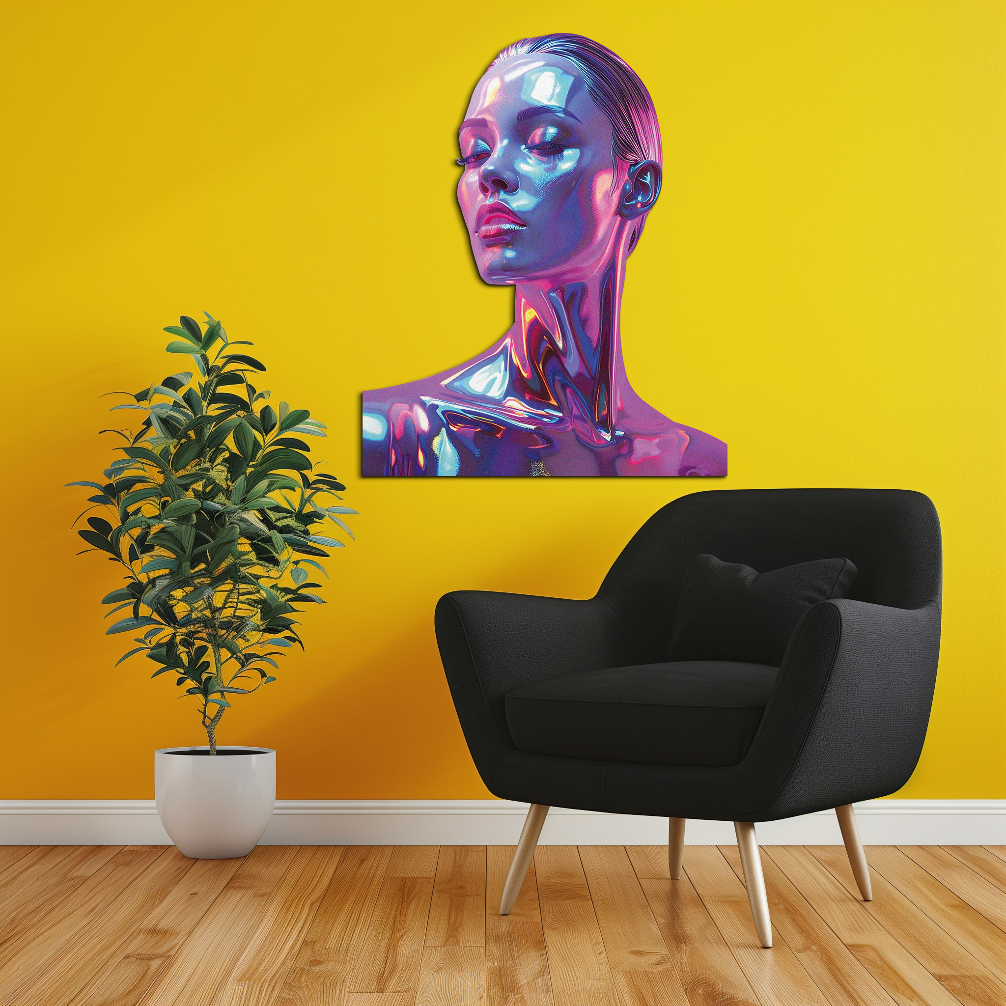 Holographic Woman Portrait Metal Wall Art – Futuristic UV Decor-KAFUVM009