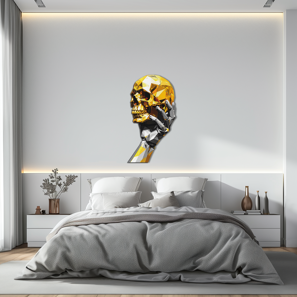 Gold Skull & Robot Hand Metal Wall Art – Futuristic UV Decor-KAFUVM013