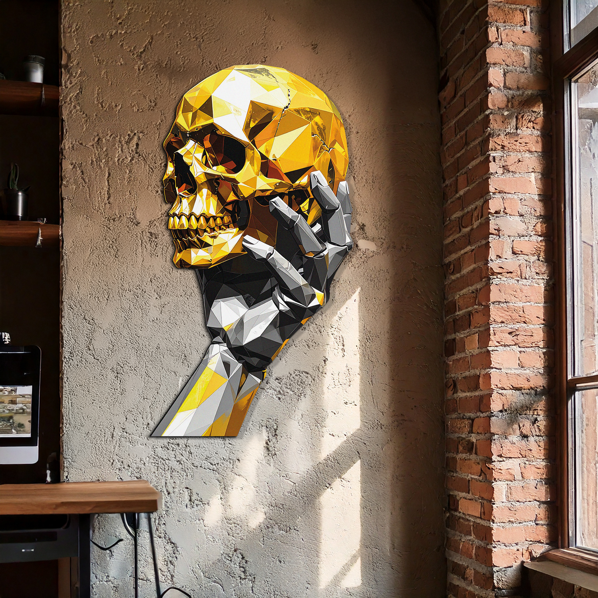 Gold Skull & Robot Hand Metal Wall Art – Futuristic UV Decor-KAFUVM013