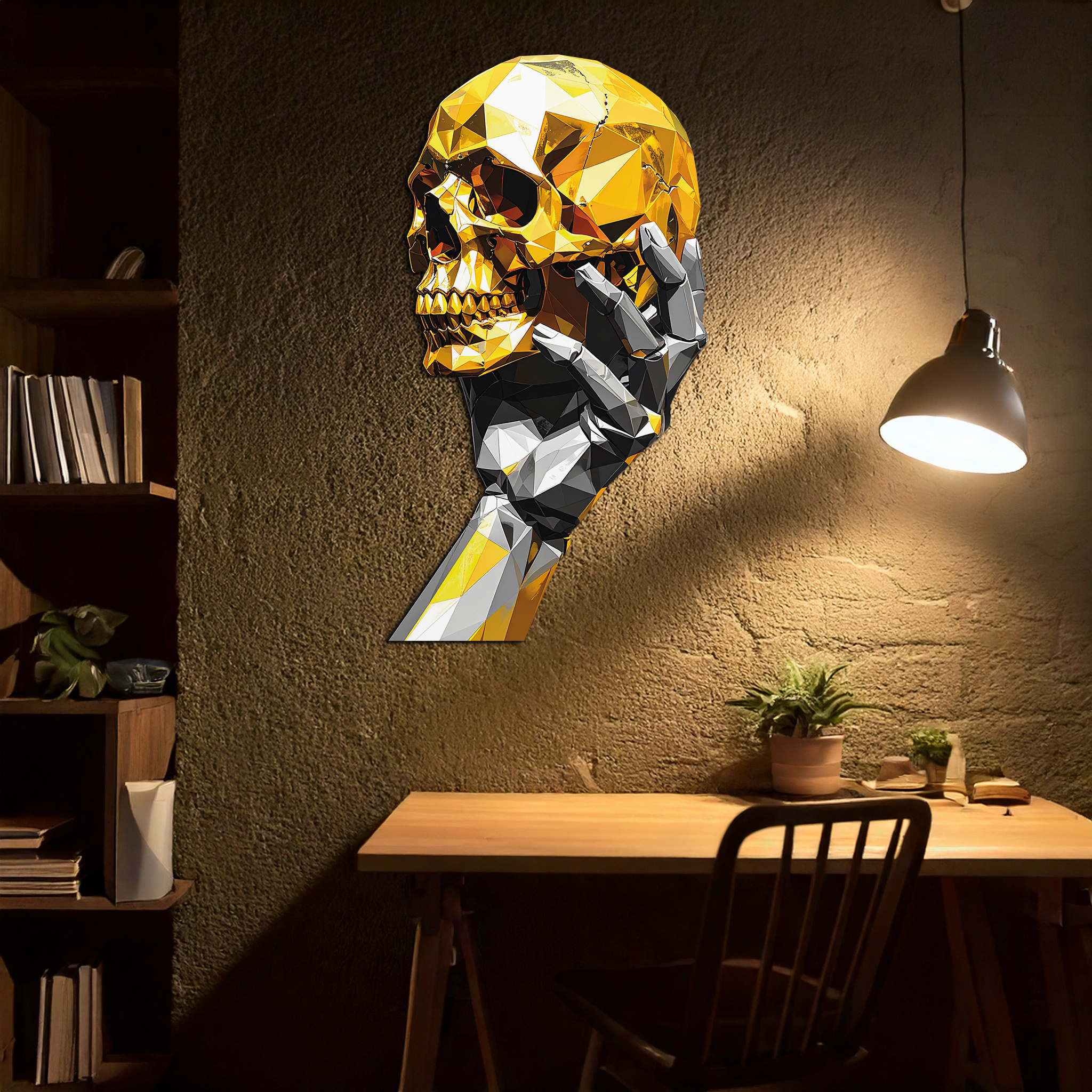 Gold Skull & Robot Hand Metal Wall Art – Futuristic UV Decor-KAFUVM013
