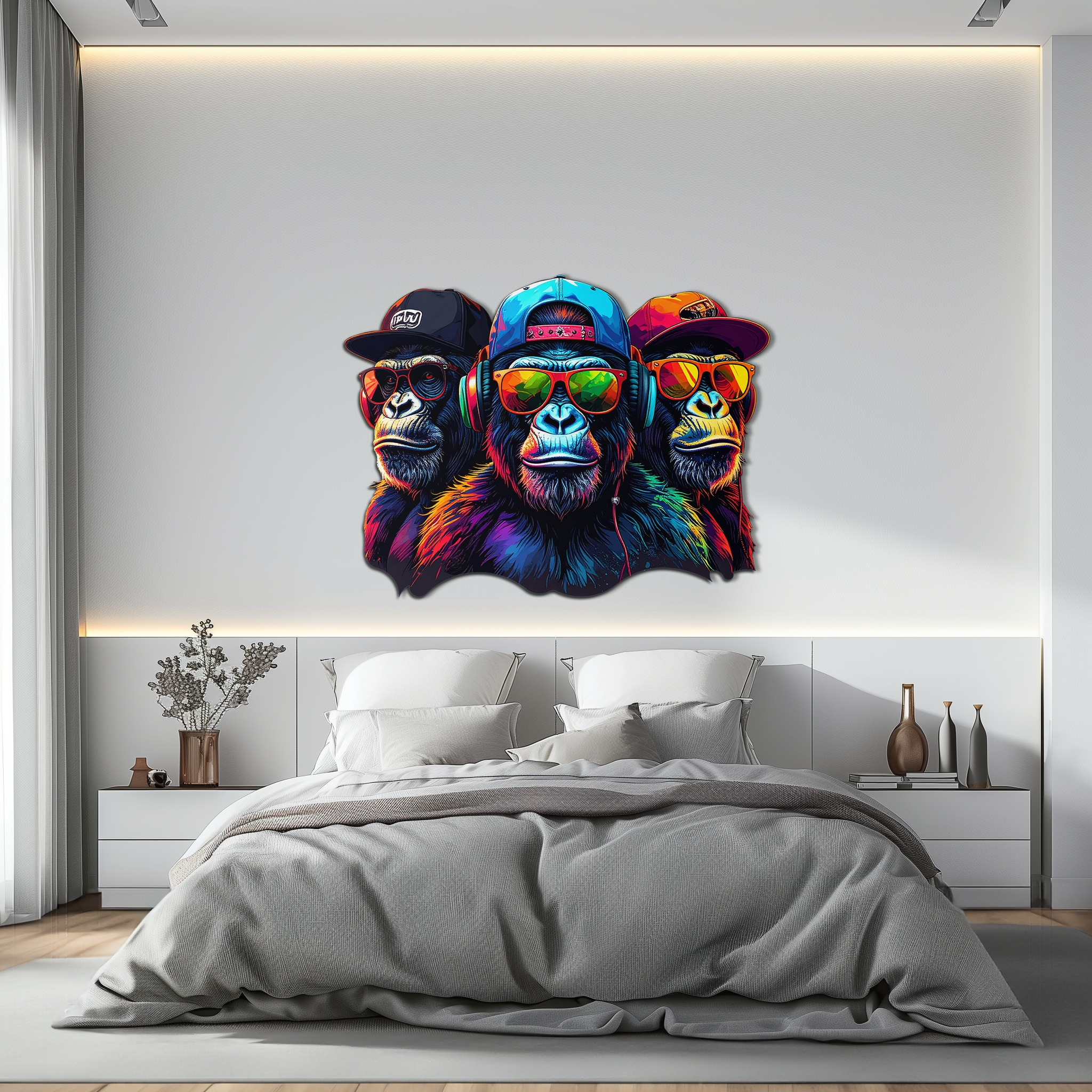 Cool Gorilla Trio Metal Wall Art – Neon Urban UV Printed Decor-KAFUVM014