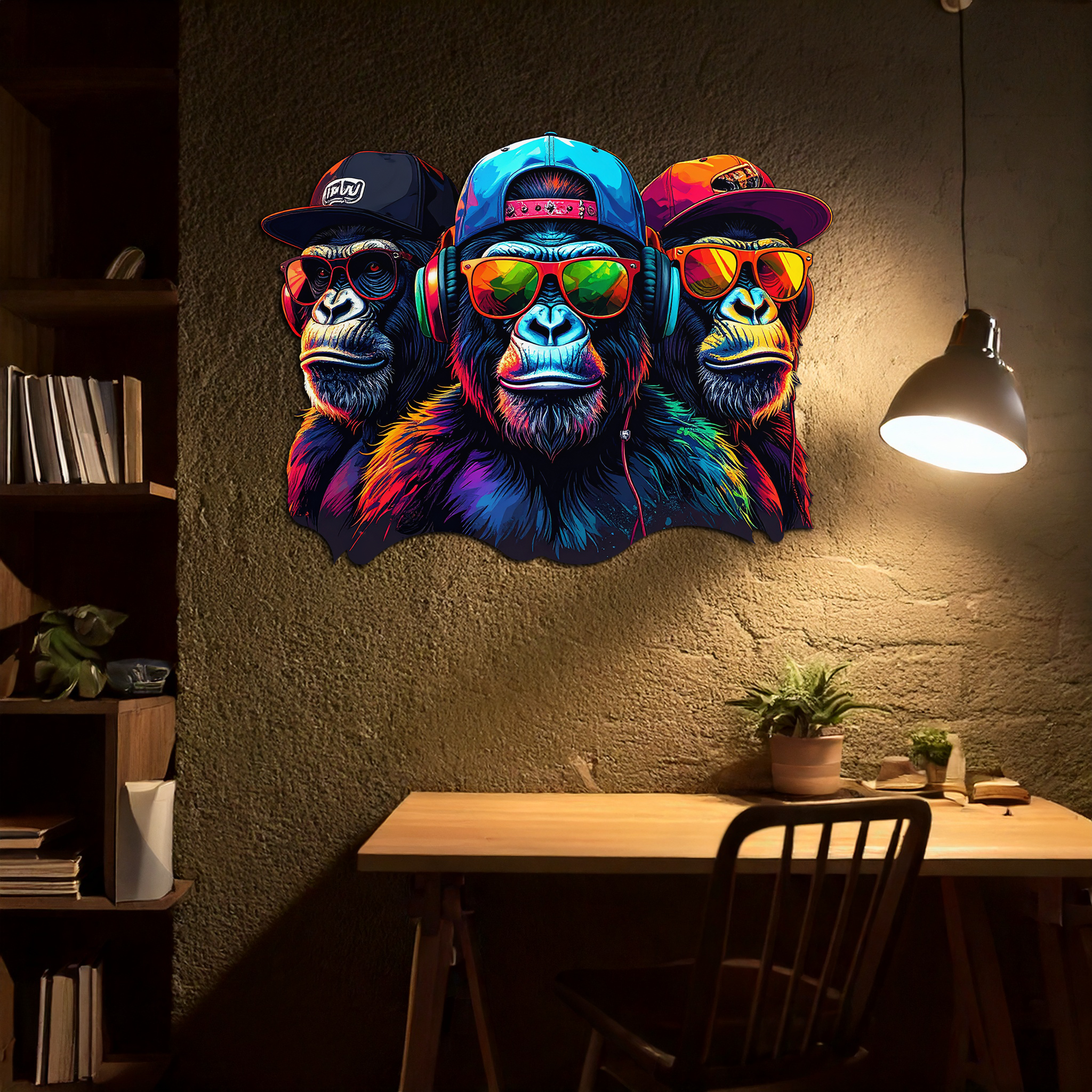 Cool Gorilla Trio Metal Wall Art – Neon Urban UV Printed Decor-KAFUVM014