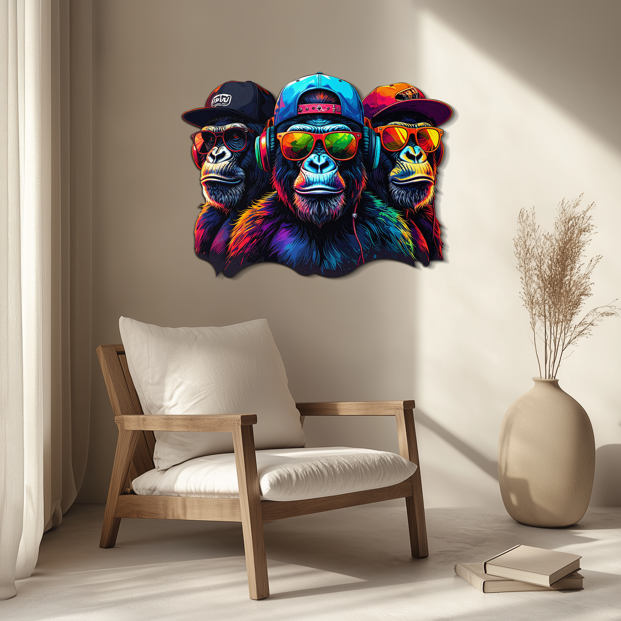 Cool Gorilla Trio Metal Wall Art – Neon Urban UV Printed Decor-KAFUVM014