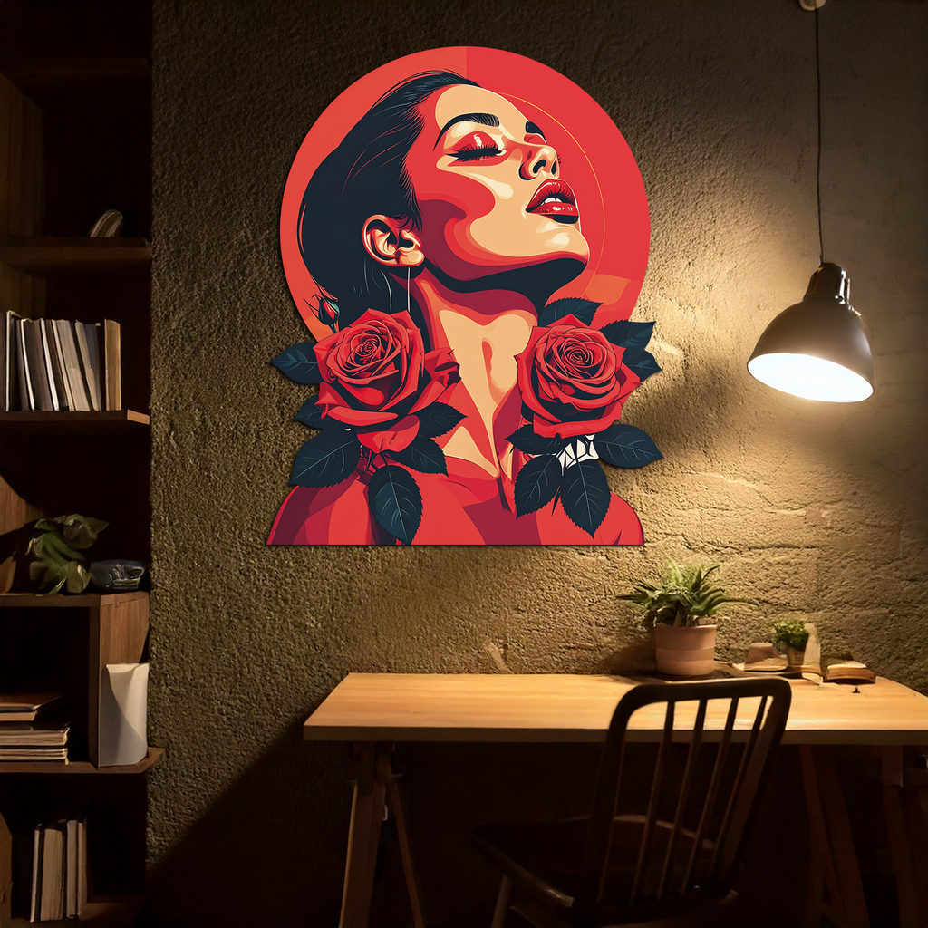 Red Rose Woman Metal Wall Art – Bold Feminine UV Printed Decor-KAFUVM017