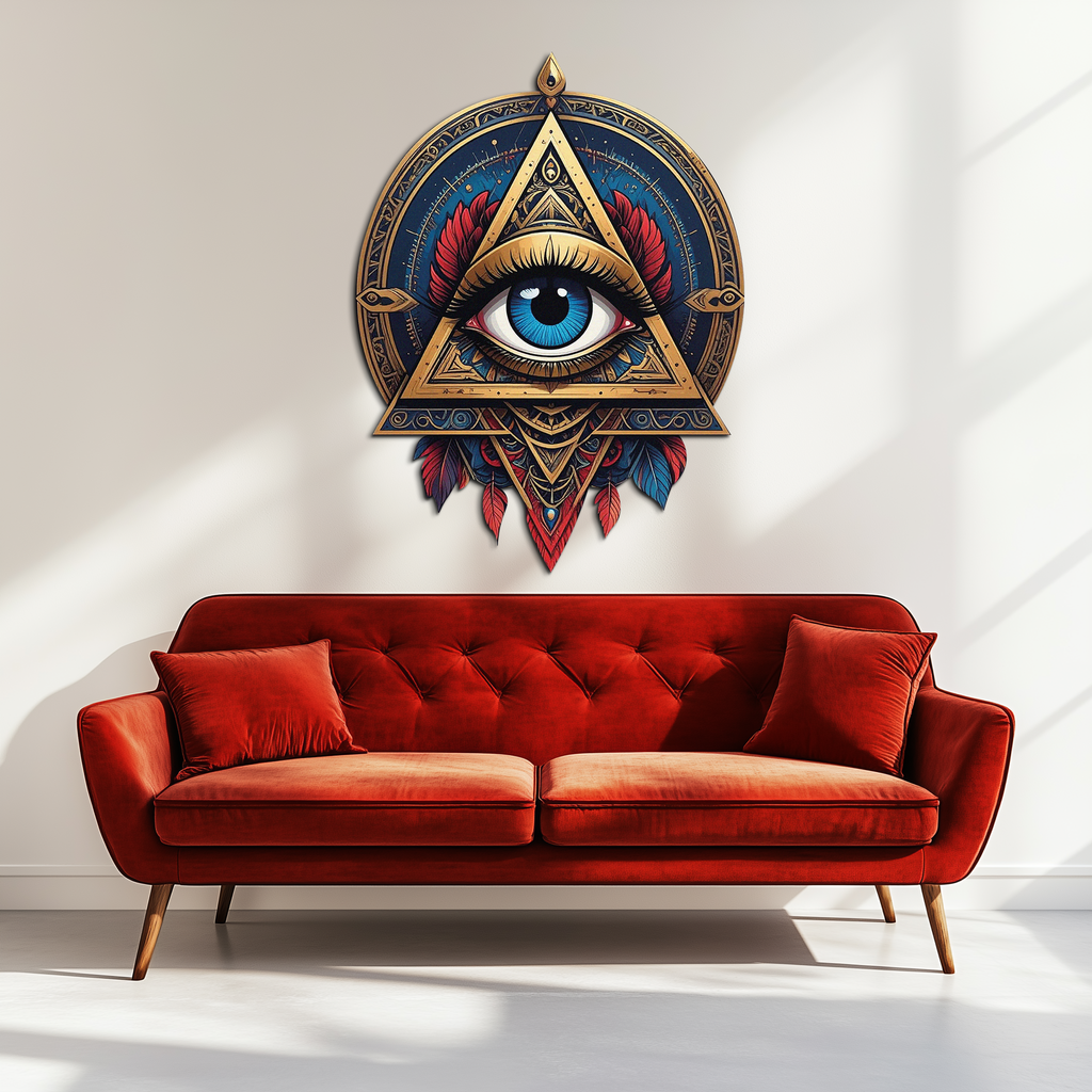 Mystic Eye Metal Wall Decor – Bohemian Triangle Art with Feathers-KAFUVM024