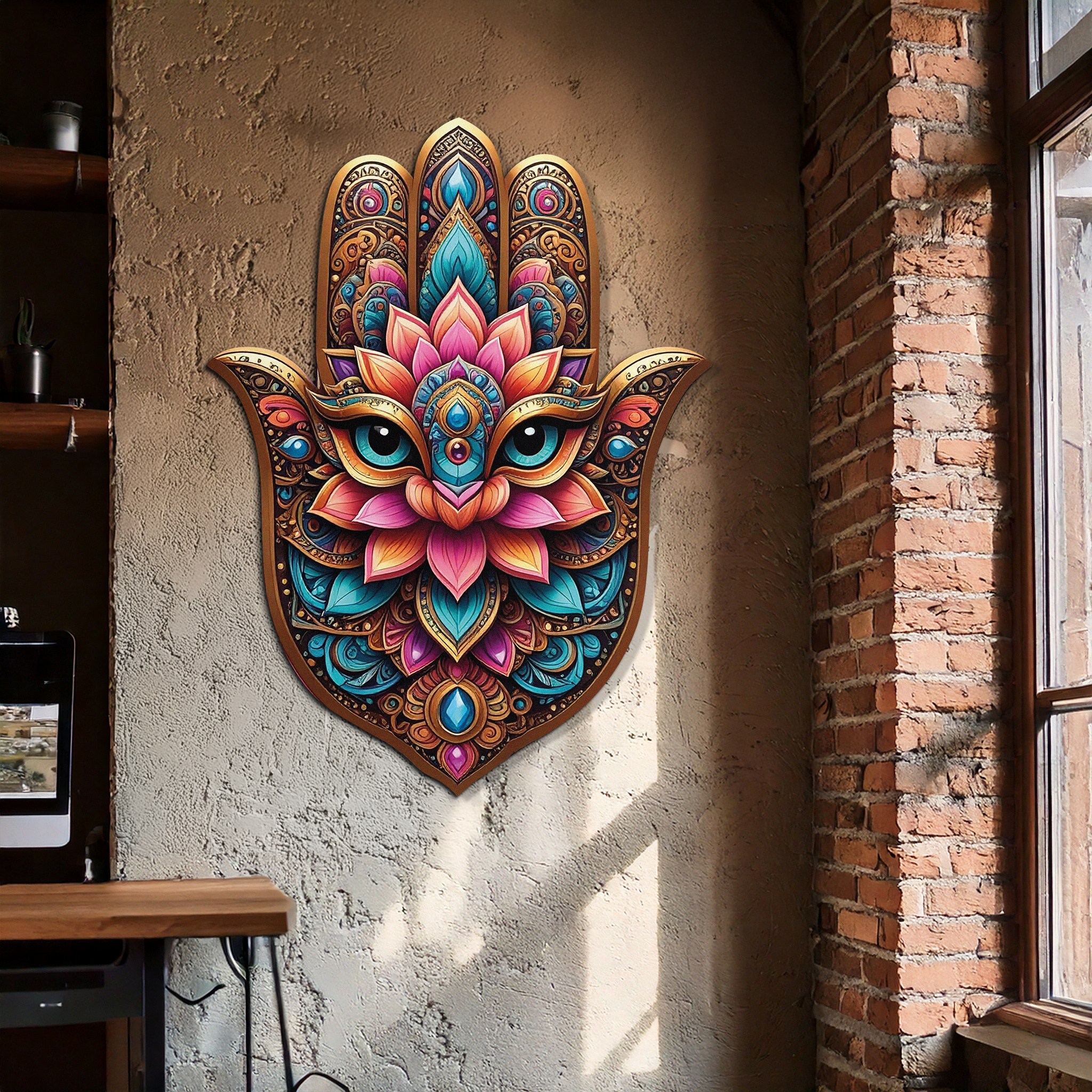 Mystic Hamsa Hand Metal Wall Art – Boho Evil Eye Decor-KAFUVM030