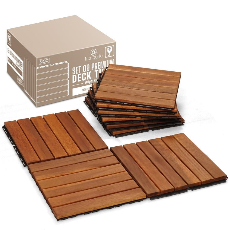 Tranquillo Acacia Deck Tiles 6 Slat Interlocking Decking Tiles – Indoor & Outdoor Flooring