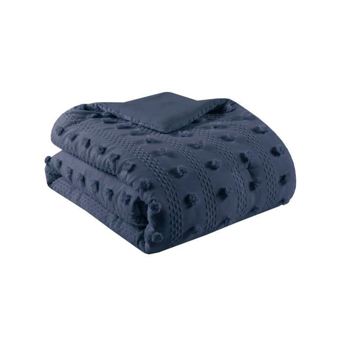 Full/Queen 3 Piece Navy Pompom Microfiber Hypoallergenic Comforter Set