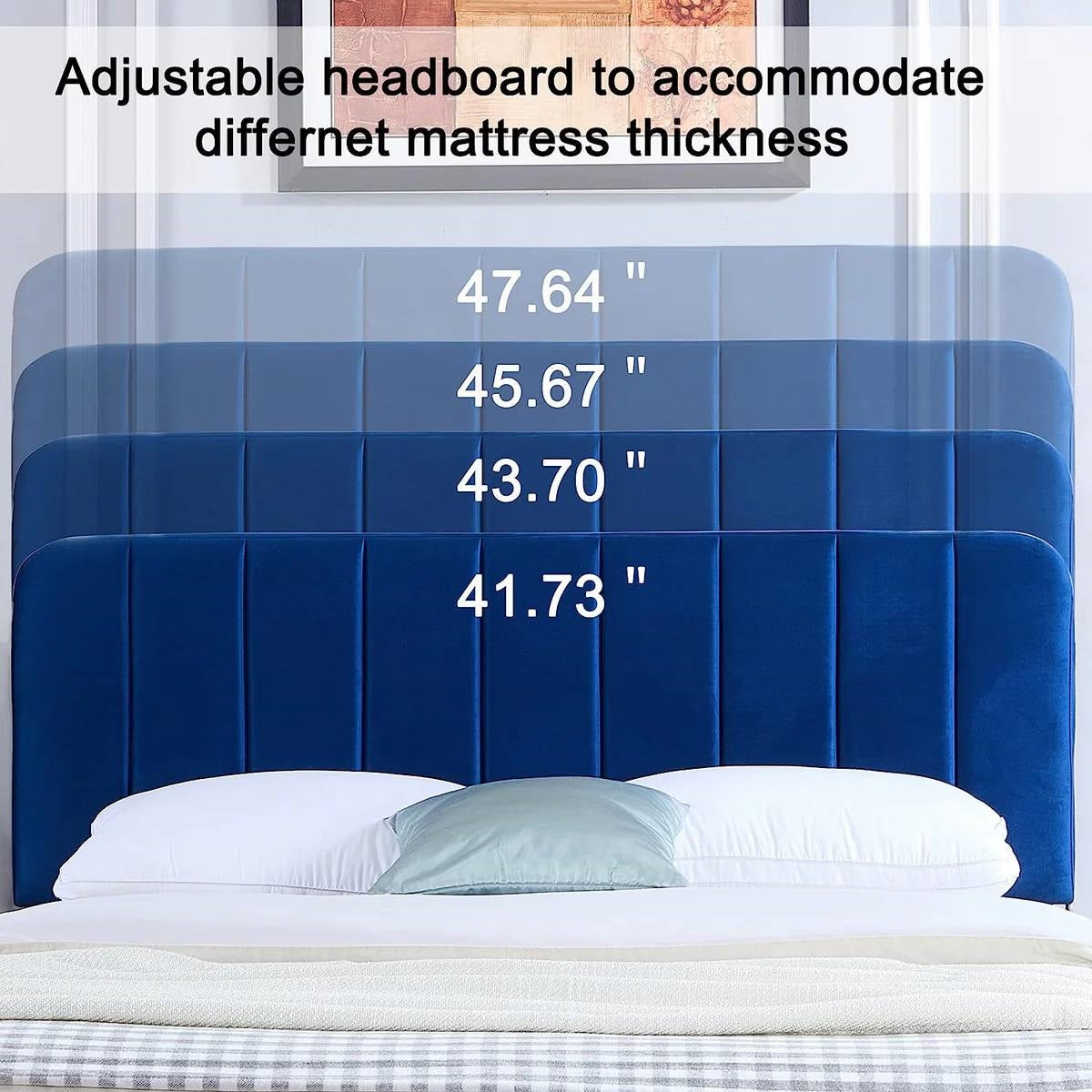Queen size Blue Upholstered Platform Bed Frame with Headboard