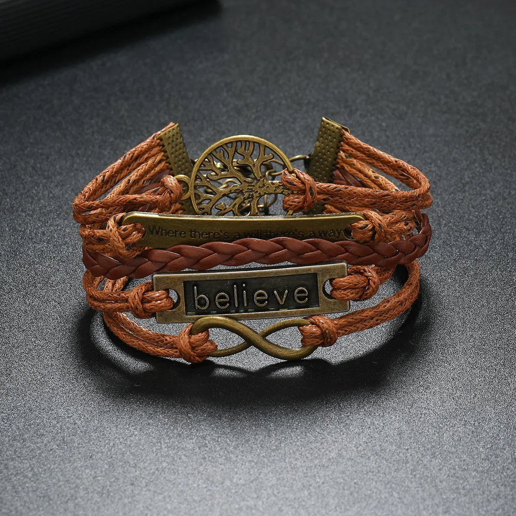 Brown Braided Wrap Leather Infinity Charm Bracelet Believe Tree of Life