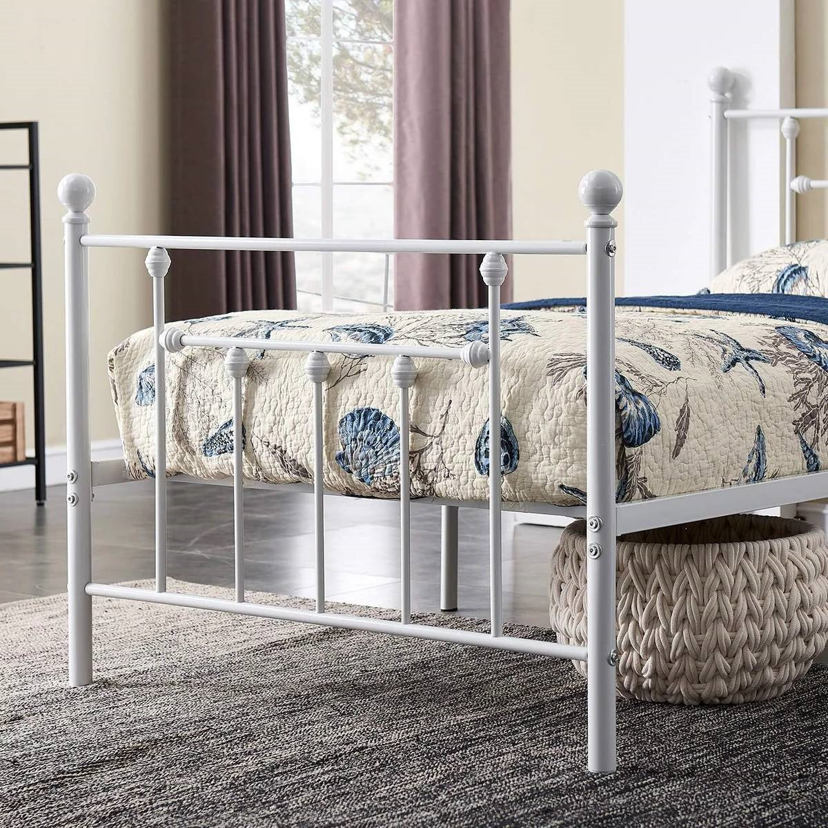 Twin Victorian Style White Metal Platform Bed Frame with Headboard Footboard